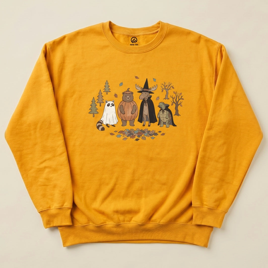 Gold Forest Friends Costume Party Sweatshirt with a forest animal Halloween costume party graphic