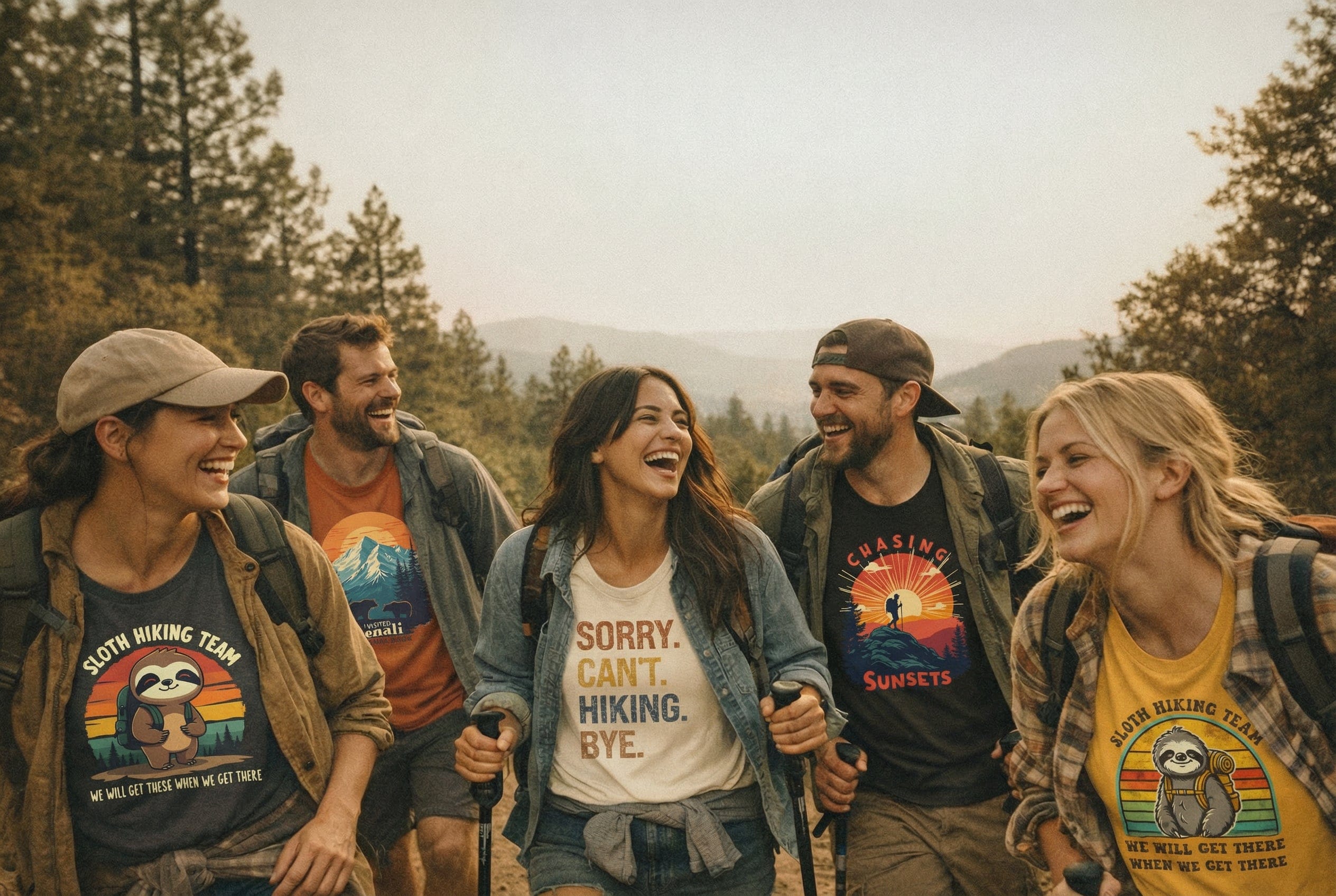 Group of friends hiking in a forest with HIKE TEES.