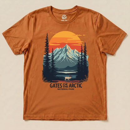 The graphic t-shirt features an illustration of mountains, trees, and a caribou, with the text "Gates of the Arctic National Park Shirt.