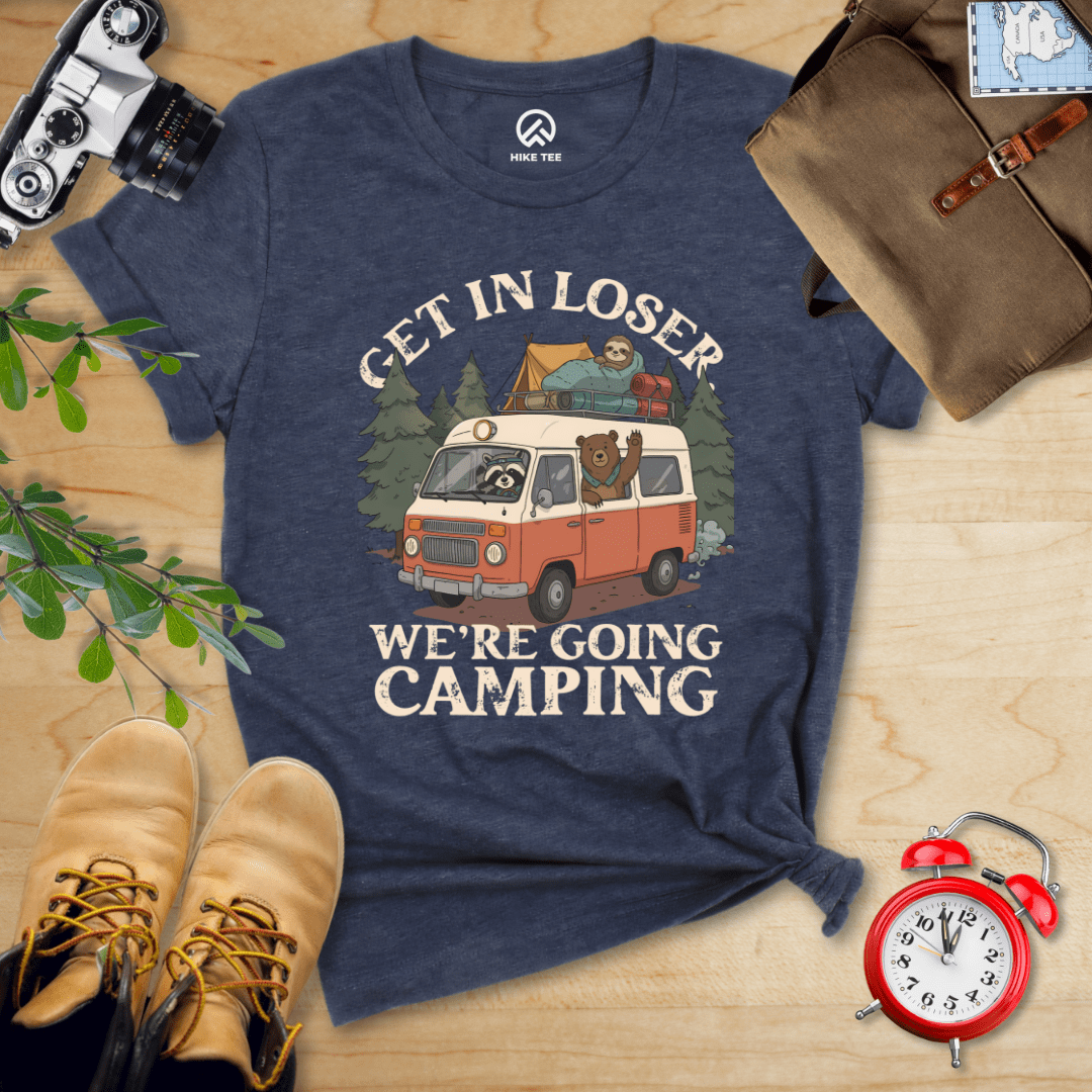 Hike Tee T-Shirt Heather Navy / S Get in Loser We're Going Camping Shirt