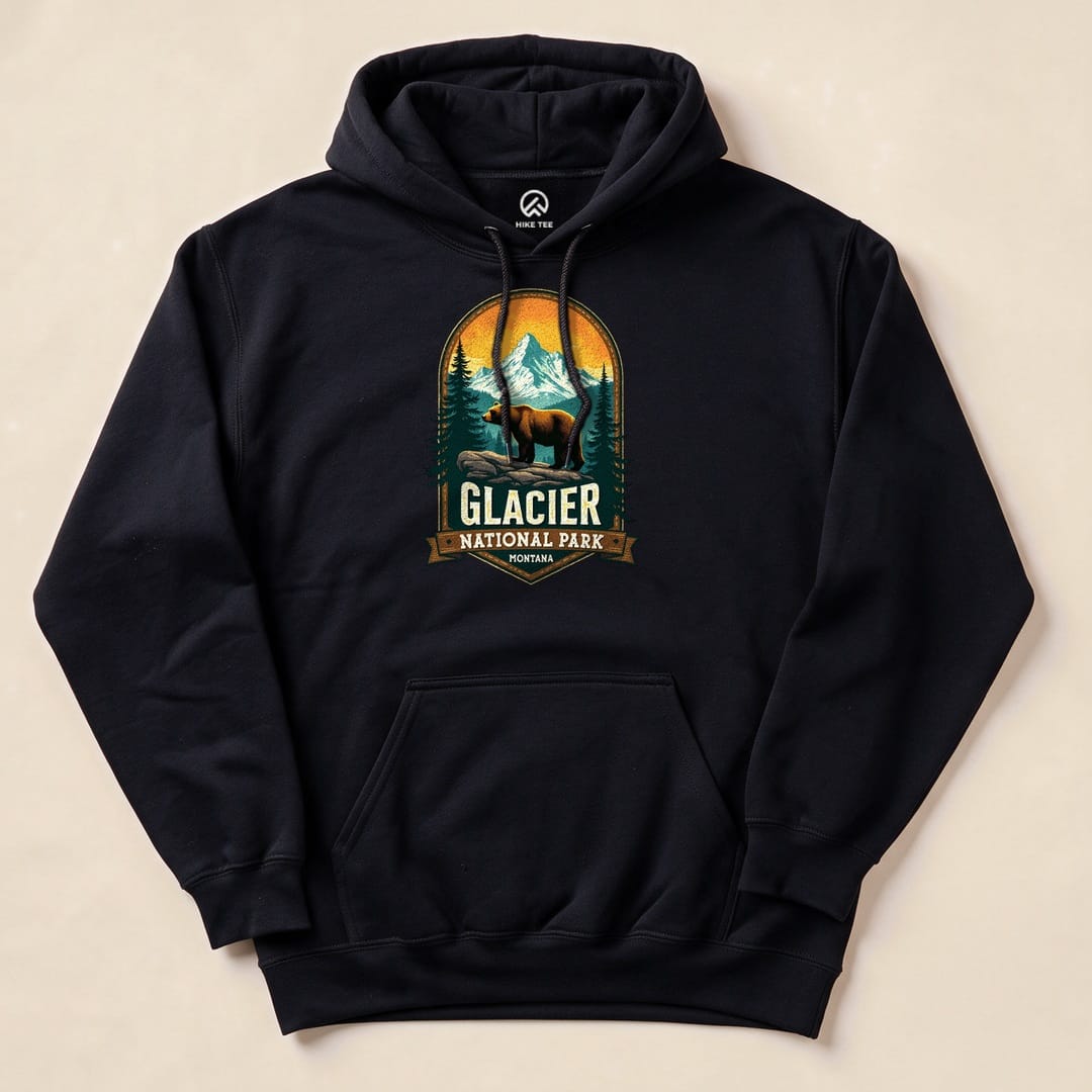 Black Glacier Grizzly Bear Hoodie with a vintage national park badge graphic