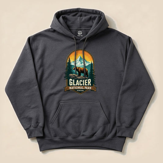 Dark Heather Glacier Grizzly Bear Hoodie with a vintage national park badge graphic
