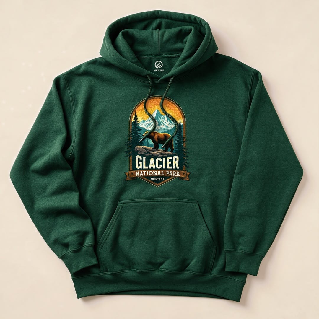 Forest Green Glacier Grizzly Bear Hoodie with a vintage national park badge graphic