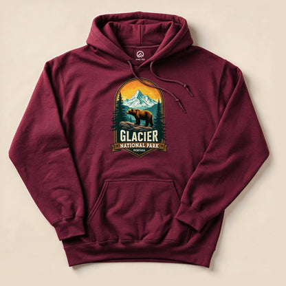 Maroon Glacier Grizzly Bear Hoodie with a vintage national park badge graphic