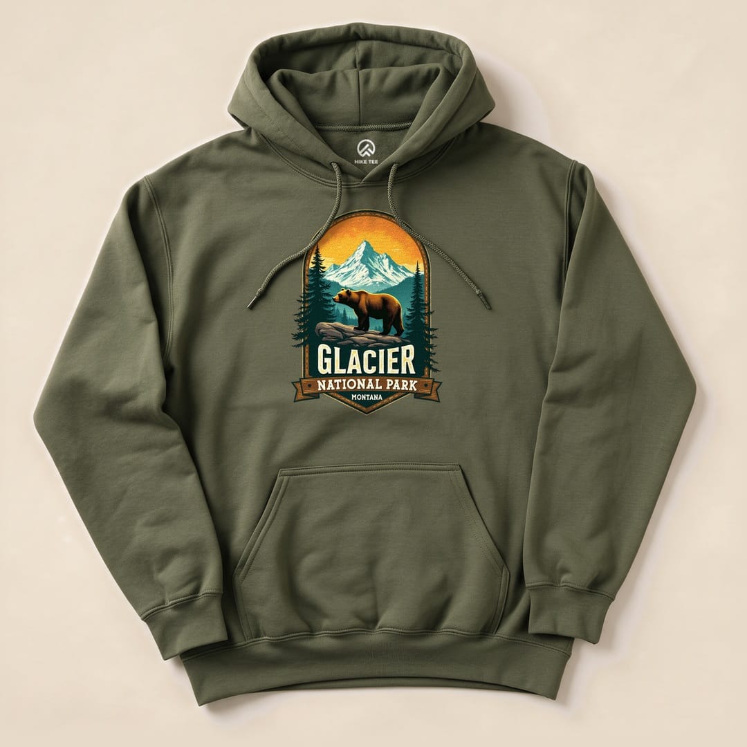 Military Green Glacier Grizzly Bear Hoodie with a vintage national park badge graphic