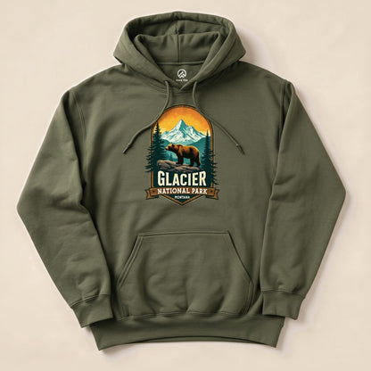Military Green Glacier Grizzly Bear Hoodie with a vintage national park badge graphic