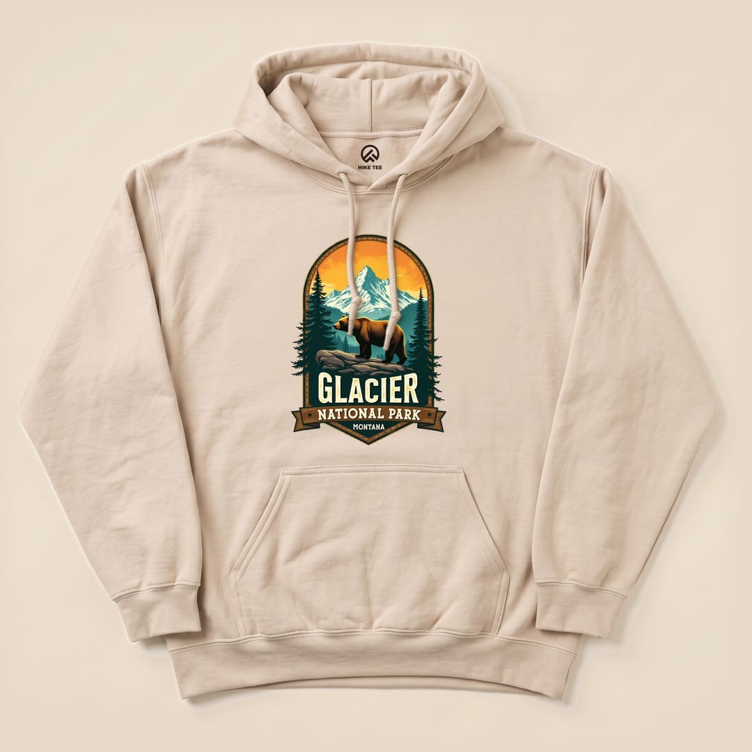 Sand Glacier Grizzly Bear Hoodie with a vintage national park badge graphic