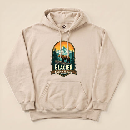 Sand Glacier Grizzly Bear Hoodie with a vintage national park badge graphic