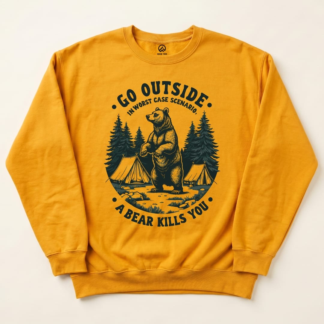 Go Outside Bear Sweatshirt Hike Tee Sweatshirt Gold / S