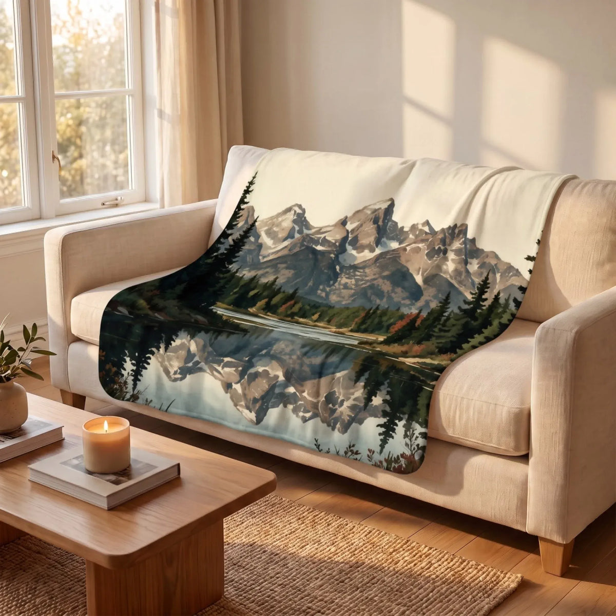 Grand Teton Schwabacher Landing Sherpa Blanket draped over a sofa