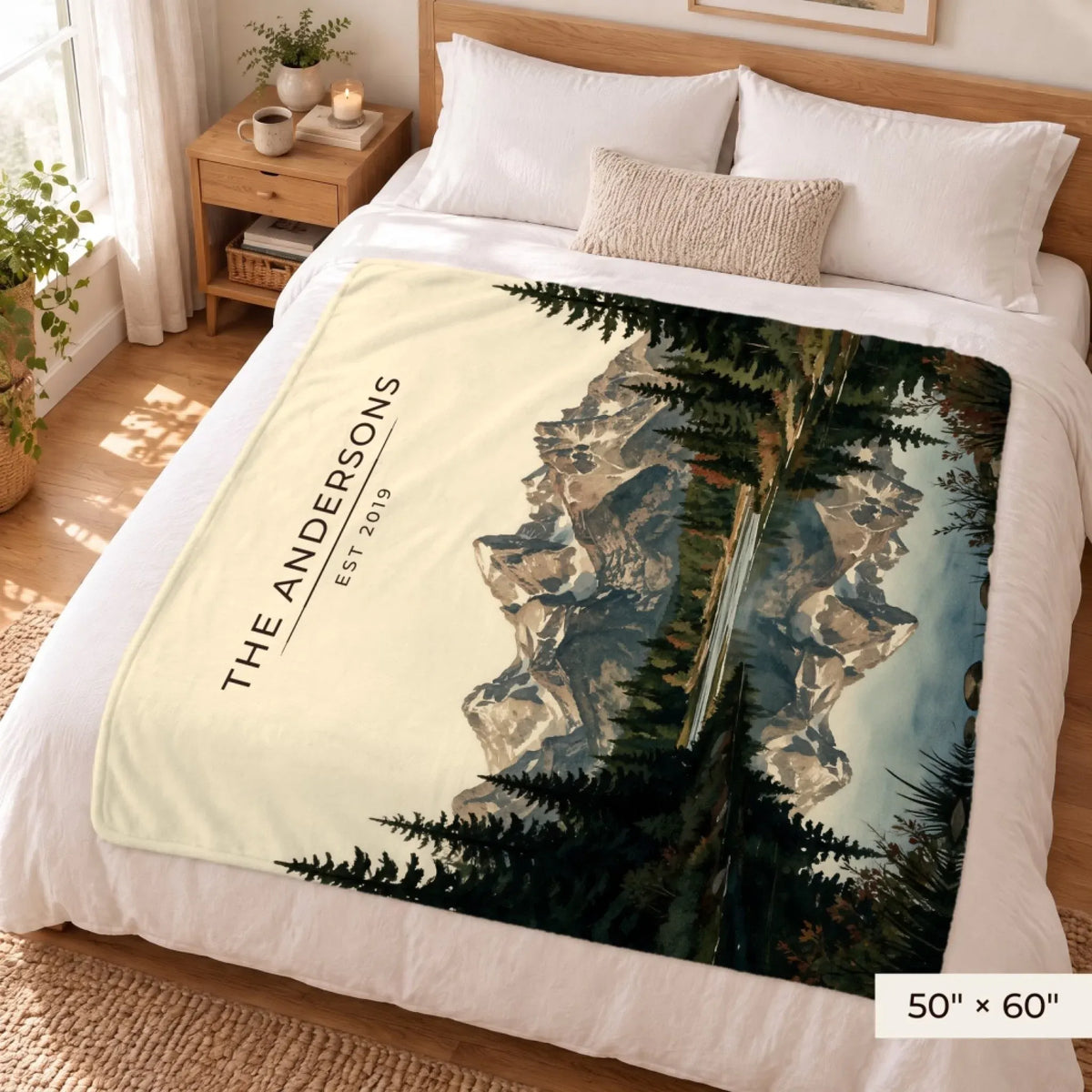 Grand Teton Schwabacher Landing Sherpa Blanket 50x60 on a queen bed