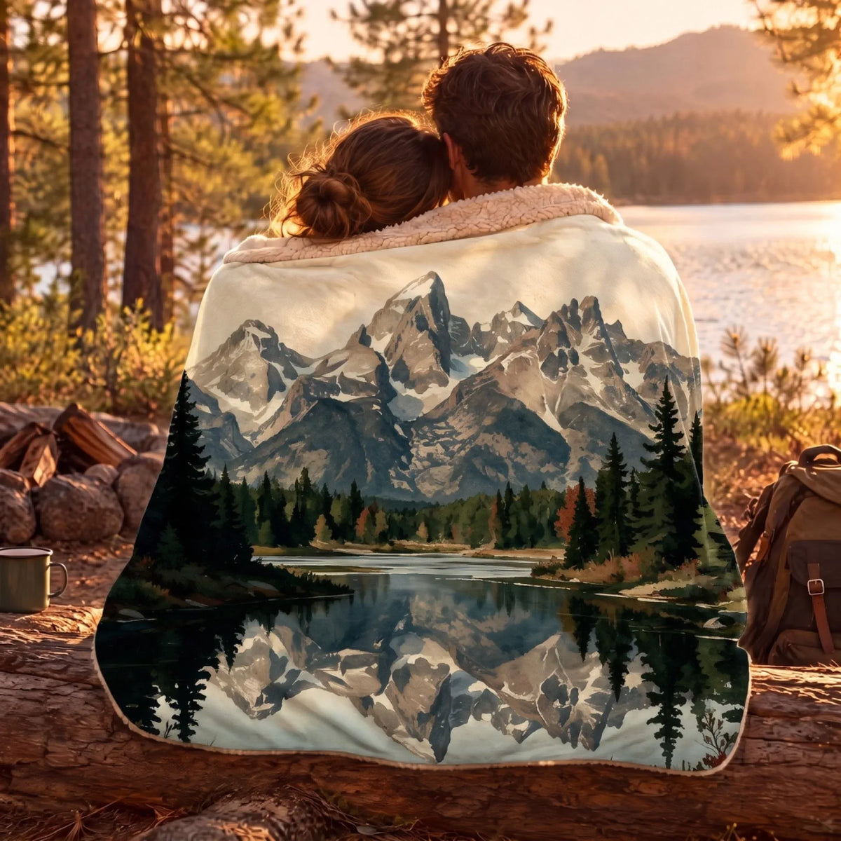 Couple wrapped in the Grand Teton Schwabacher Landing Sherpa Blanket by a lake