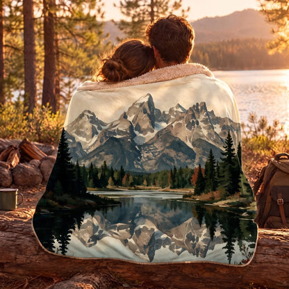 Couple wrapped in the Grand Teton Schwabacher Landing Sherpa Blanket by a lake