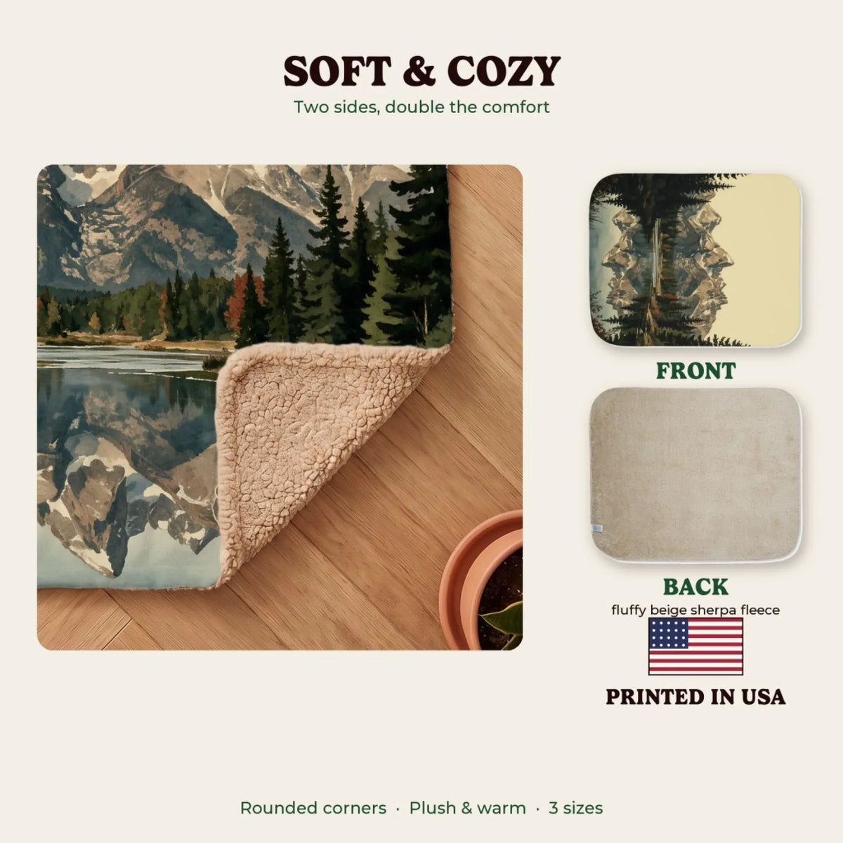 Soft and cozy sherpa blanket, printed in the USA