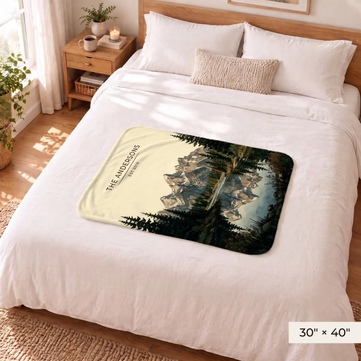 Grand Teton Schwabacher Landing Sherpa Blanket 30x40 on a queen bed