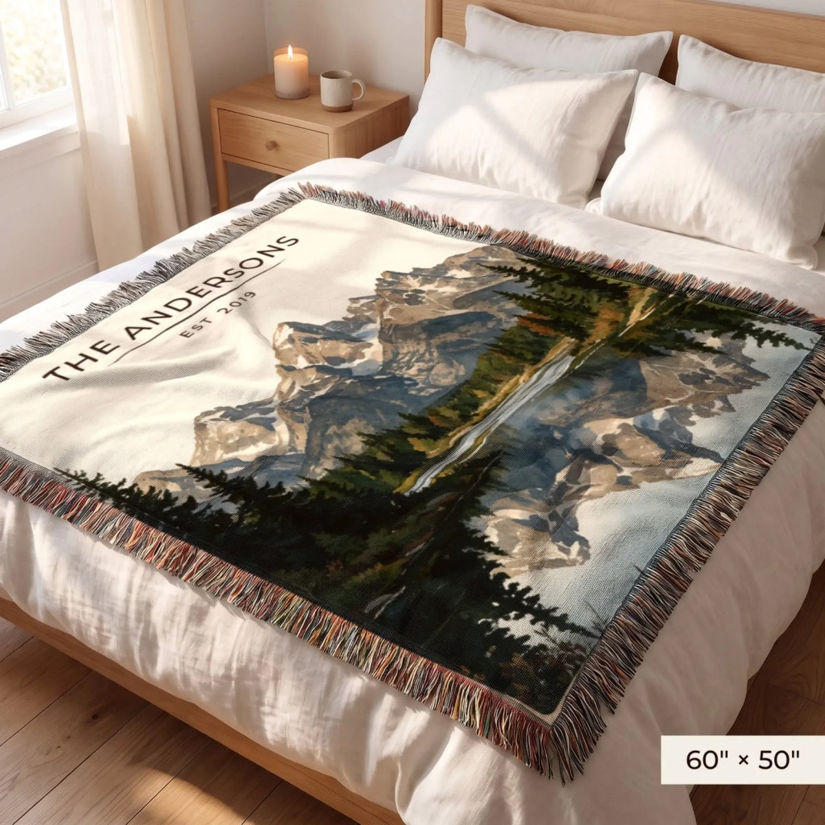Grand Teton Schwabacher Landing Woven Blanket 60x50 on a queen bed