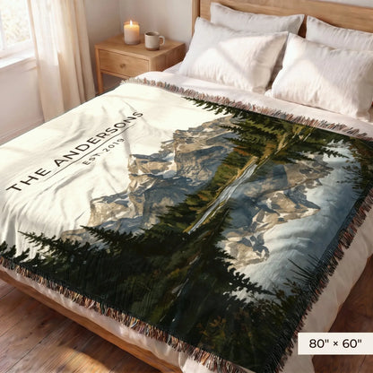 Grand Teton Schwabacher Landing Woven Blanket 80x60 on a queen bed
