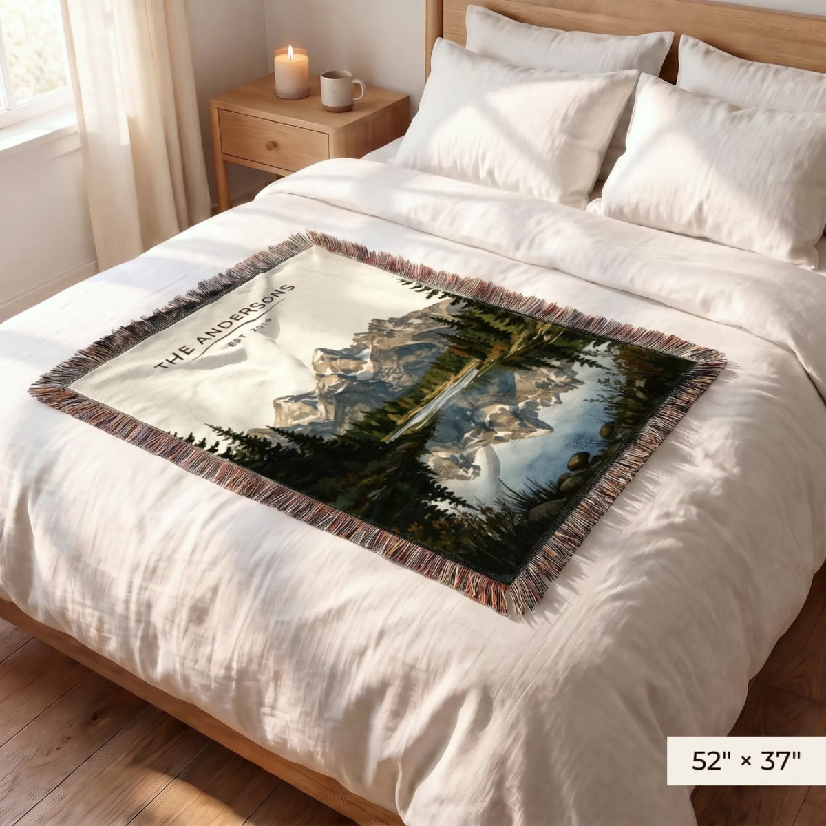Grand Teton Schwabacher Landing Woven Blanket 52x37 on a queen bed