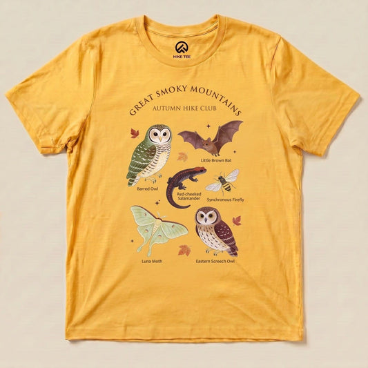Gold Great Smoky Field Guide Shirt with a Great Smoky Mountains autumn wildlife field guide graphic