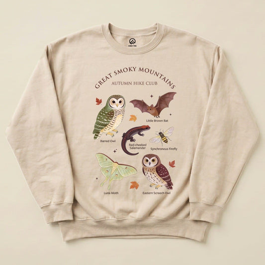 Sand Great Smoky Field Guide Sweatshirt with a Great Smoky Mountains autumn wildlife field guide graphic