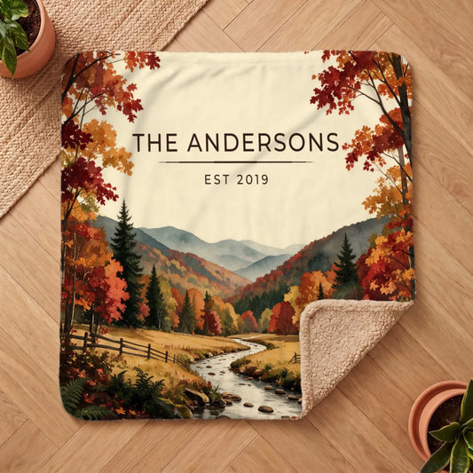 Graphic tee featuring "The Andersons EST 2019" and a colorful autumn landscape inspired by the Great Smoky Mountains Autumn Sherpa Blanket.