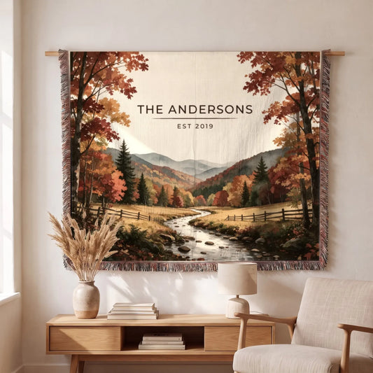 Personalized Great Smoky Mountains Autumn Woven Blanket hanging on a wall, family name woven in