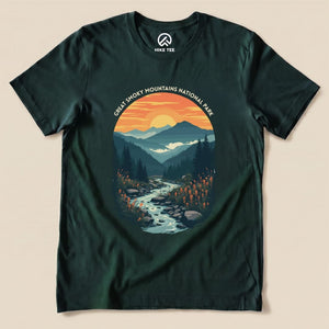 Graphic t-shirt featuring a vibrant landscape design with a river, mountains, and the words "Great Smoky Mountains National Park.