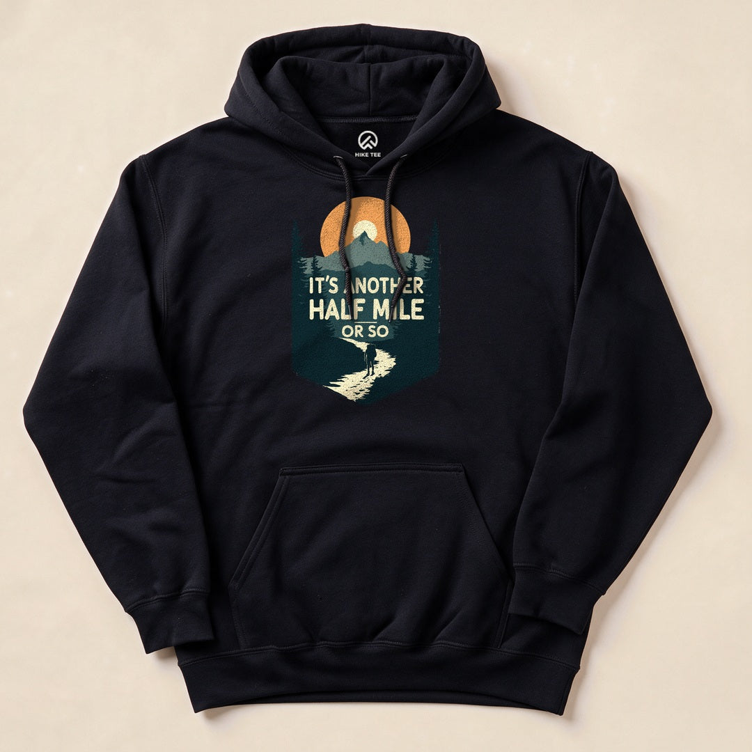 Black Half Mile Hoodie with a mountain badge graphic