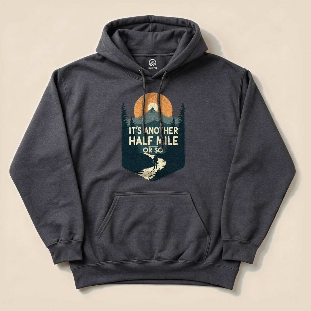 Dark Heather Half Mile Hoodie with a mountain badge graphic