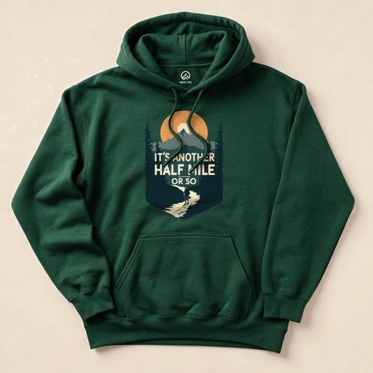 Forest Green Half Mile Hoodie with a mountain badge graphic