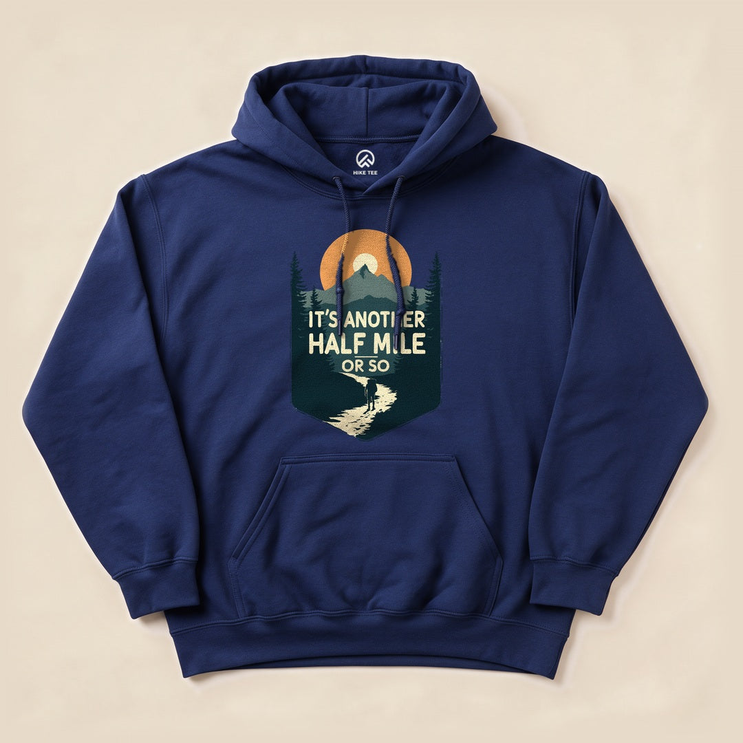 Navy Half Mile Hoodie with a mountain badge graphic