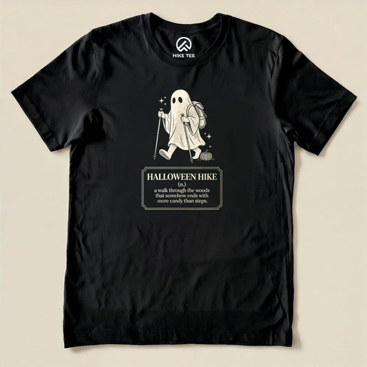 Black Halloween Hike Definition Shirt with a ghost hiker with a walking stick and a Halloween hike definition graphic