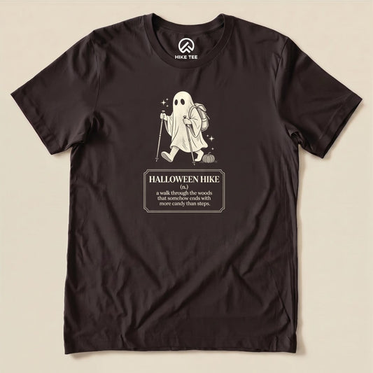Brown Halloween Hike Definition Shirt with a ghost hiker with a walking stick and a Halloween hike definition graphic