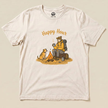 A graphic t-shirt depicting a camper enjoying "Happy Hour" with a dog by a campfire, surrounded by camping gear.