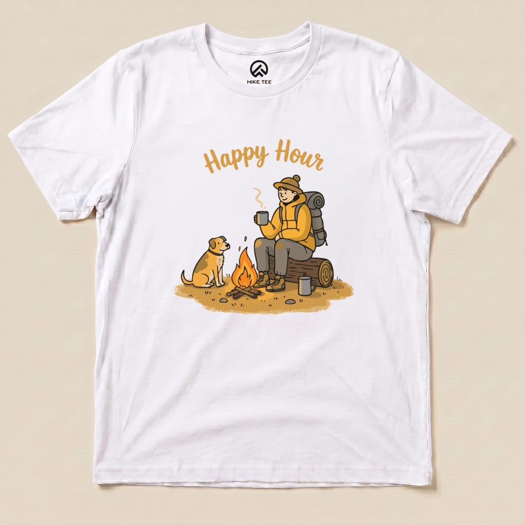 Graphic t-shirt featuring an illustration of a hiker enjoying a warm drink by a campfire with the slogan "Happy Hour".