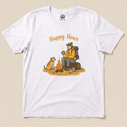 Graphic t-shirt featuring an illustration of a hiker enjoying a warm drink by a campfire with the slogan "Happy Hour".