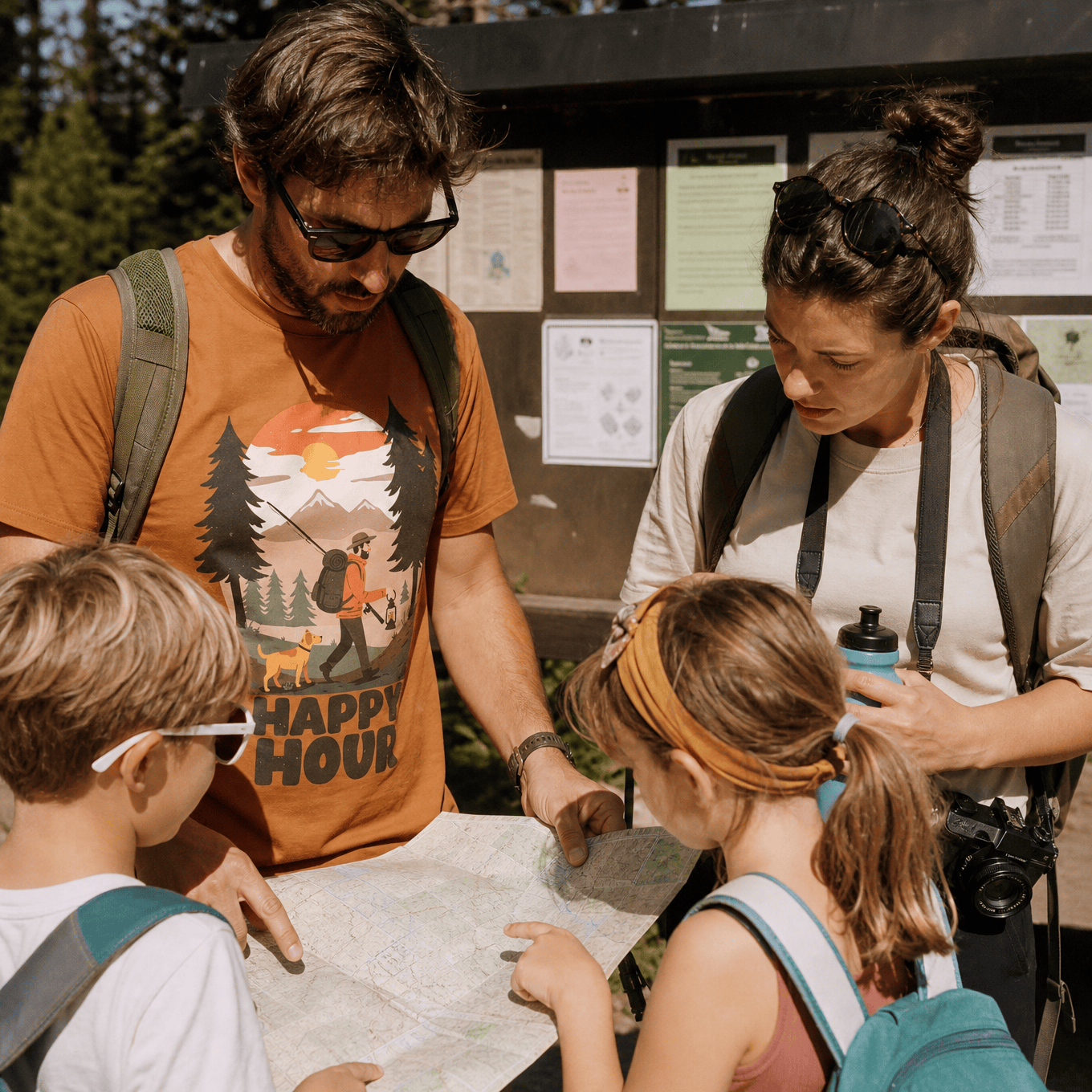 A man stands outdoors, examining a map with two children, wearing a graphic t-shirt featuring the words "Happy Hour Hiking With A Dog.