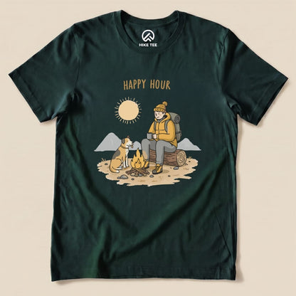 A dark green graphic t-shirt features an illustration of a camper with a dog by a campfire, titled "HAPPY HOUR.