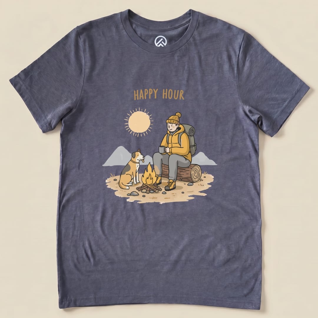 A graphic t-shirt featuring a man sitting by a campfire with a dog, displaying the words "HAPPY HOUR" above.