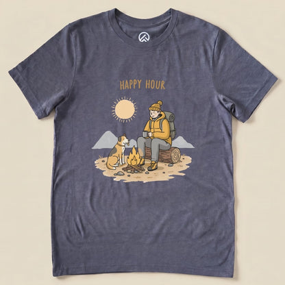 A graphic t-shirt featuring a man sitting by a campfire with a dog, displaying the words "HAPPY HOUR" above.