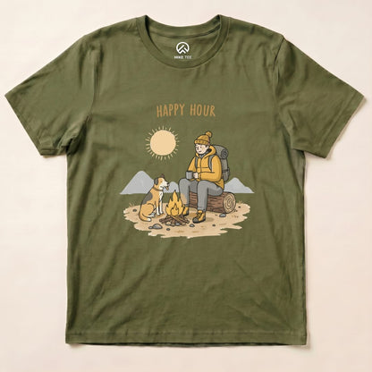 A graphic t-shirt in olive green featuring a camping scene with a person sitting by a campfire and the words "HAPPY HOUR.
