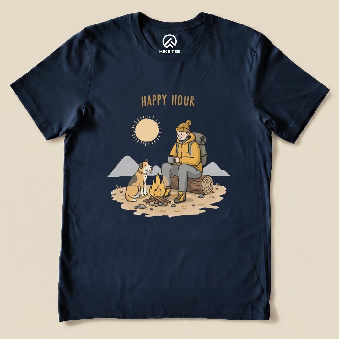 A graphic t-shirt featuring a camper enjoying coffee by a fire with a dog and the words "HAPPY HOUR" above.