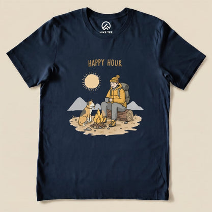A graphic t-shirt featuring a camper enjoying coffee by a fire with a dog and the words "HAPPY HOUR" above.