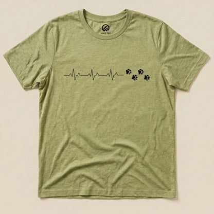 A flat view of the Heart Beat Faws Shirt, featuring a heartbeat graphic with paw prints, showcasing its humorous outdoor theme.