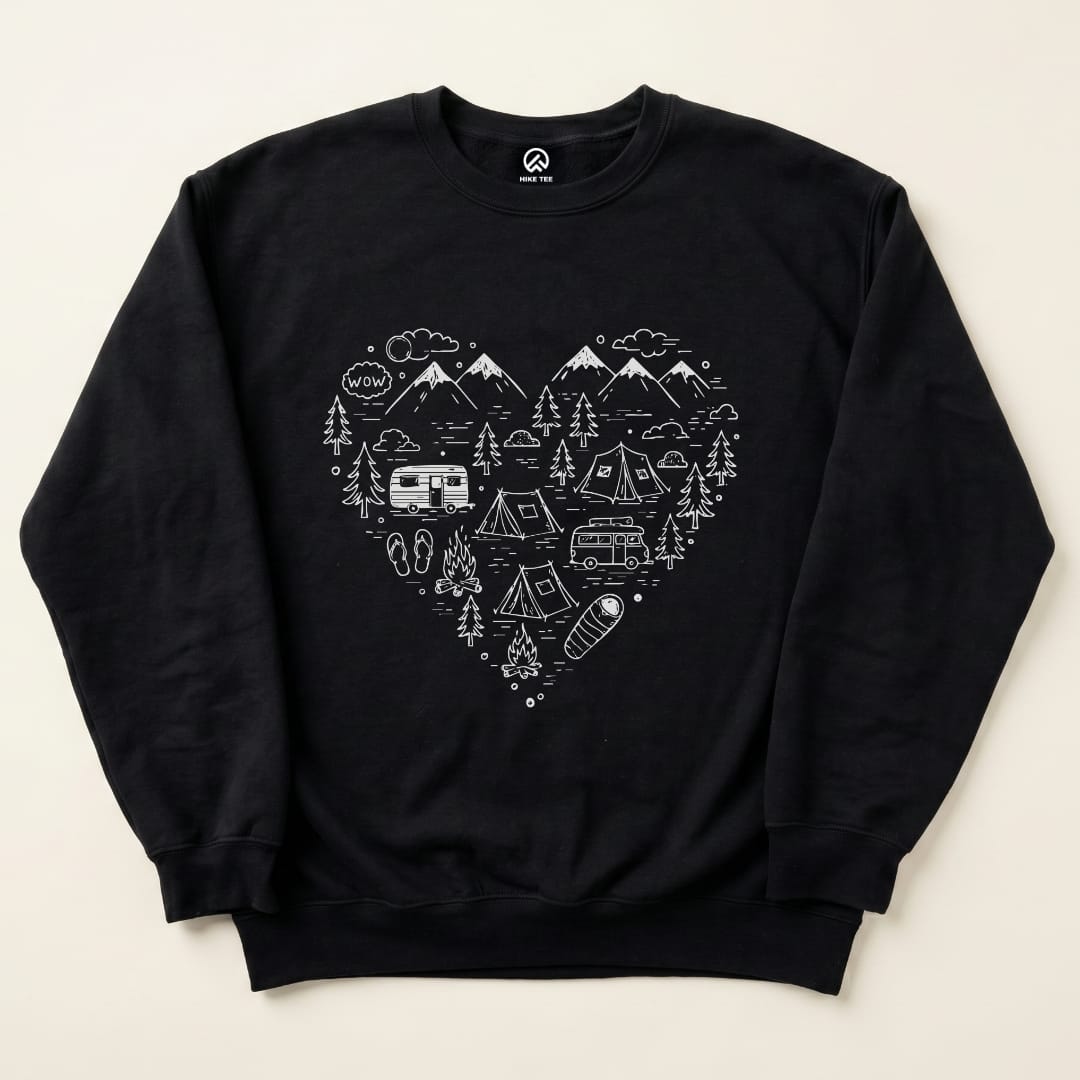 Heart Camping Sweatshirt Hike Tee Sweatshirt Black / S