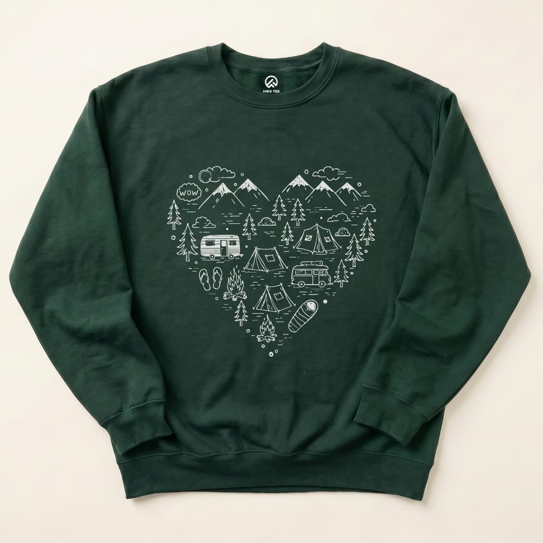 Heart Camping Sweatshirt Hike Tee Sweatshirt Forest Green / S