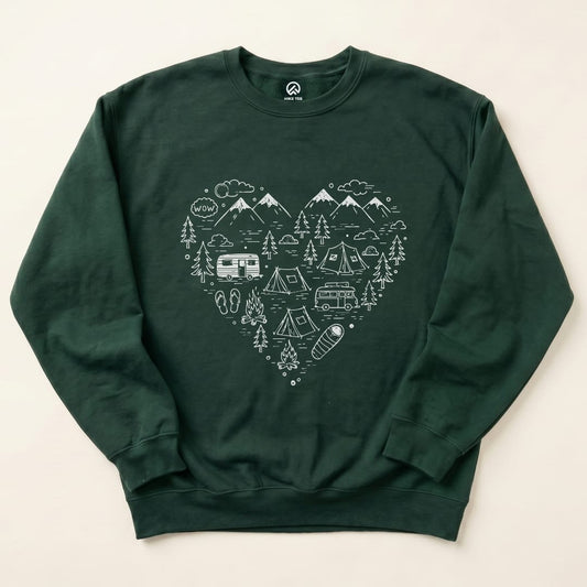 Heart Camping Sweatshirt Hike Tee Sweatshirt Forest Green / S
