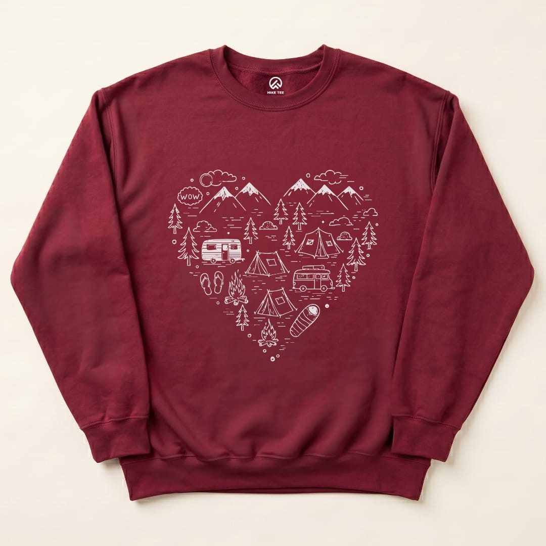 Heart Camping Sweatshirt Hike Tee Sweatshirt Maroon / S