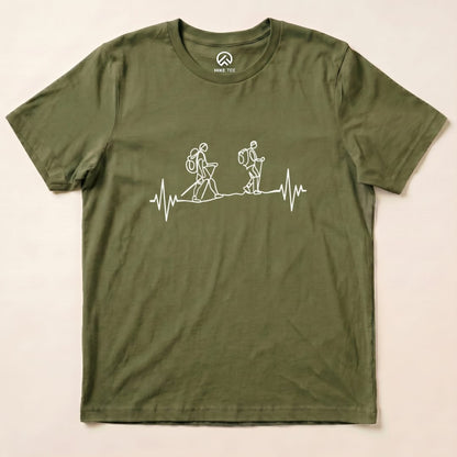 A graphic t-shirt featuring a minimalist design of two hikers and a heartbeat line, labeled as "Heart Rate Hiking Shirt.