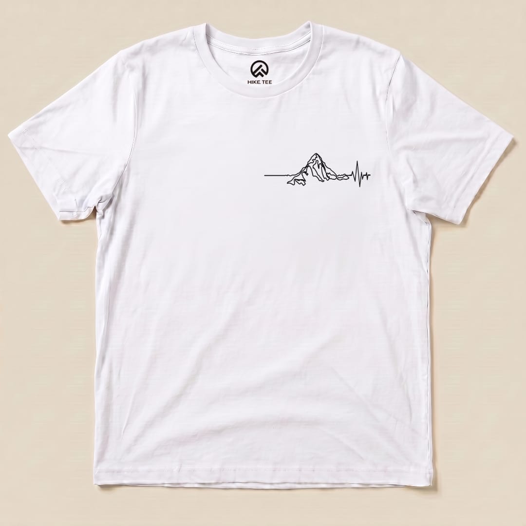 The Heart Rate Mountain Shirt features a minimalist graphic of a mountain peak with a heartbeat line on a white background.